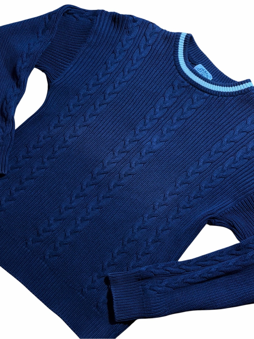 Dockers Cable Crewneck Sweater in Navy with Light Blue Trim